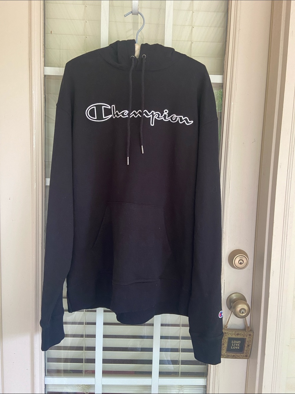 Champion Black Pullover Hoodie with White Script Logo. Worn once zero fade.